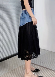 New Black Pockets Lace Patchwork Denim Skirts Summer