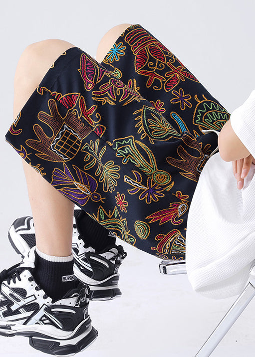 New Black Print Pockets Ice Silk Summer Mens Shorts