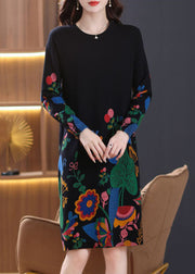 New Black Print Side Open Wool Knit Dress Long Sleeve