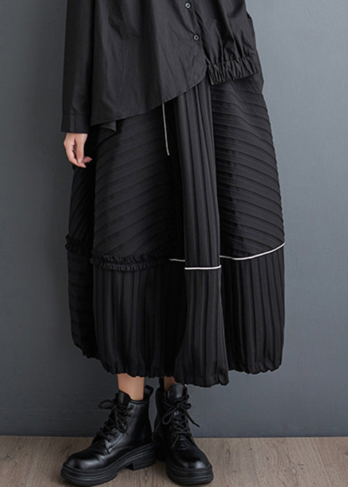 New Black Ruffled Pockets Elastic Waist Cotton Skirts Fall