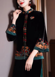 New Black Stand Collar Embroidered Button Silk Coats Fall