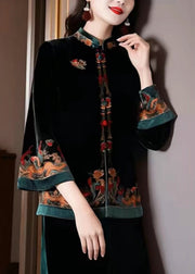 New Black Stand Collar Embroidered Button Silk Coats Fall