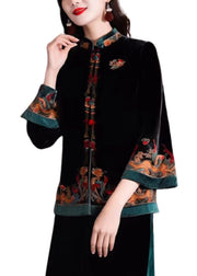 New Black Stand Collar Embroidered Button Silk Coats Fall