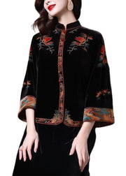 New Black Stand Collar Embroidered Patchwork Silk Velour Top Fall