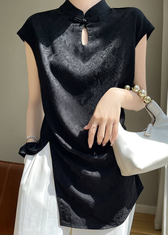 New Black Stand Collar Front Open Silk Blouse Summer