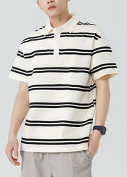 New Black Striped Button Cotton Men Polo Shirt Summer