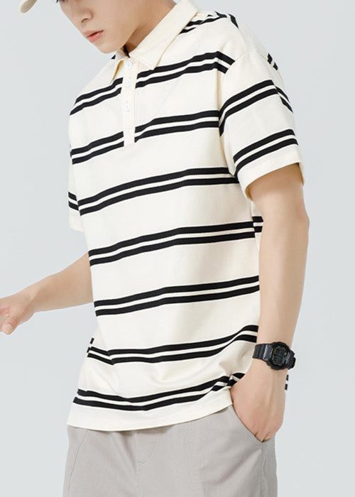 New Black Striped Button Cotton Men Polo Shirt Summer