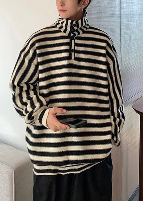 New Black Striped Turtleneck Button Knit Men Sweaters Fall