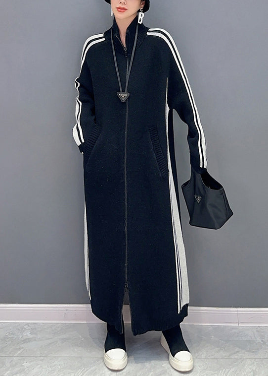 New Black Striped Zip Up Pockets Cotton Knit Long Dress Fall