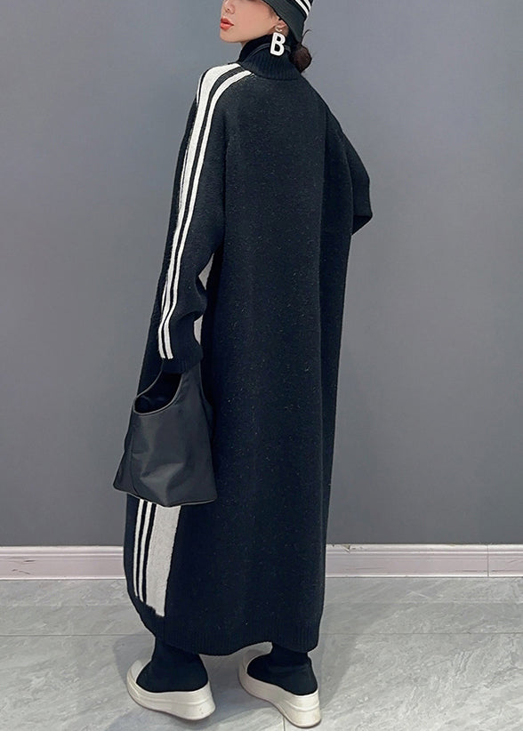 New Black Striped Zip Up Pockets Cotton Knit Long Dress Fall