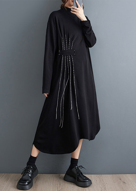 New Black Turtleneck Asymmetrical Cotton Long Dresses Fall