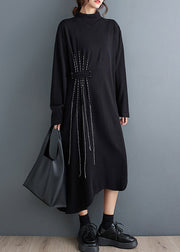 New Black Turtleneck Asymmetrical Cotton Long Dresses Fall