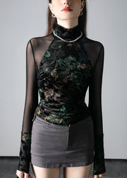 New Black Turtleneck Print Tulle Patchwork T Shirts Fall