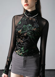 New Black Turtleneck Print Tulle Patchwork T Shirts Fall