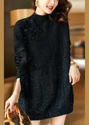 New Black Turtleneck Ruffled Patchwork Knit Shirt Long Sleeve