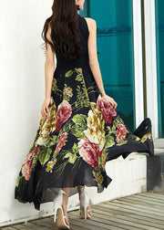 New Black V Neck Print Chiffon Long Dresses Sleeveless