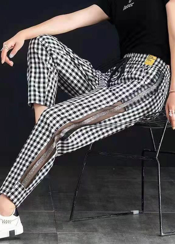 New Black White Plaid Tulle Patchwork Thin Cotton Pants Spring Summer