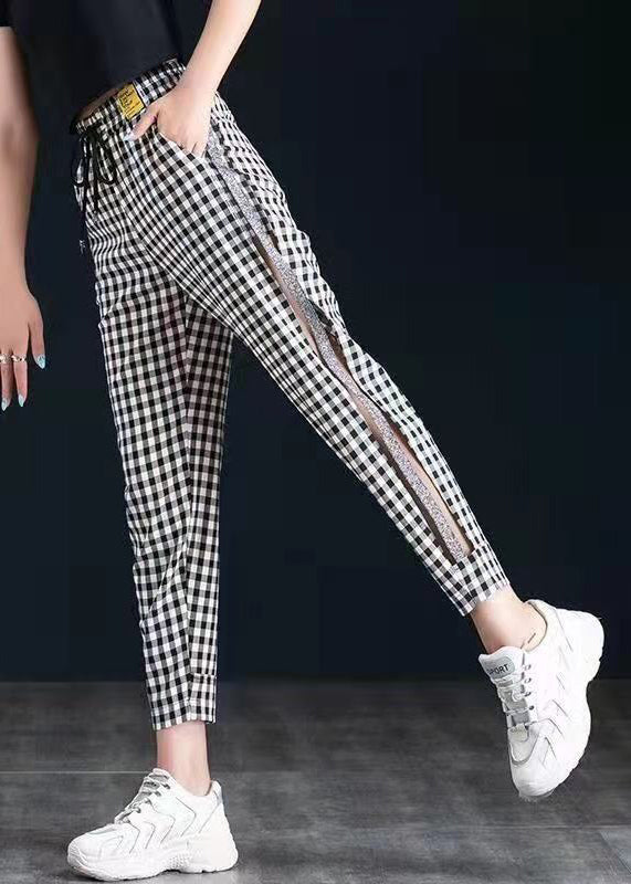 New Black White Plaid Tulle Patchwork Thin Cotton Pants Spring Summer