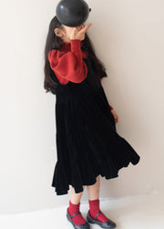 New Black Wrinkled Patchwork Silk Velour Kids Girls Long Dresses Fall