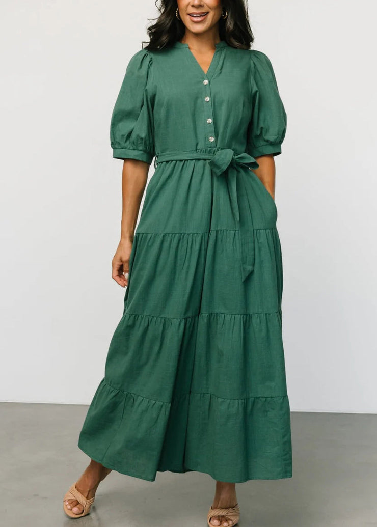 New Blackish Green Tie Waist Solid Cotton Dress Short Sleeve