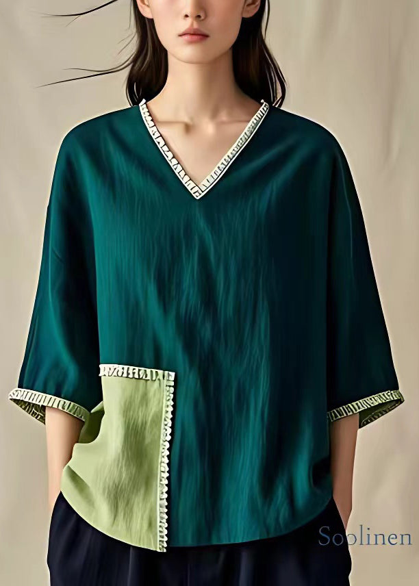 New Blackish Green V Neck Patchwork Cotton Top Bracelet Sleeve