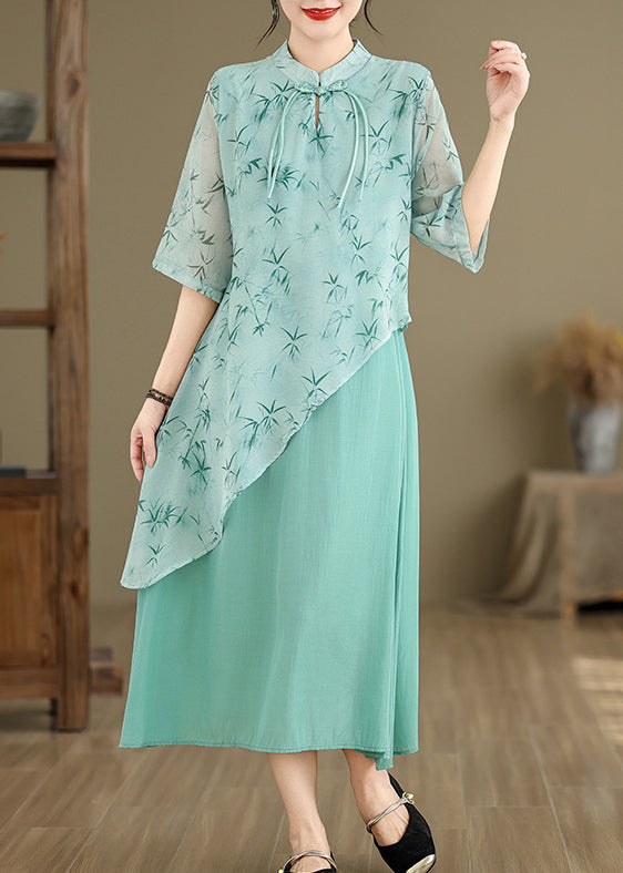 New Blue Asymmetrical Print Cotton Long Dresses Half Sleeve