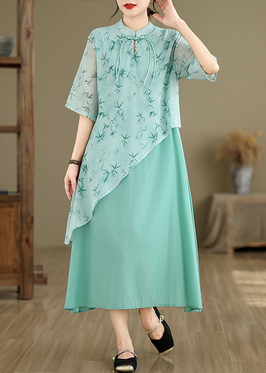 New Blue Asymmetrical Print Cotton Long Dresses Half Sleeve