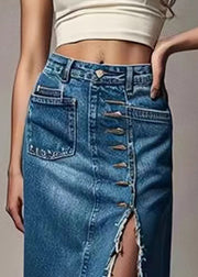 New Blue Button Front Open High Waist Denim Skirts Summer