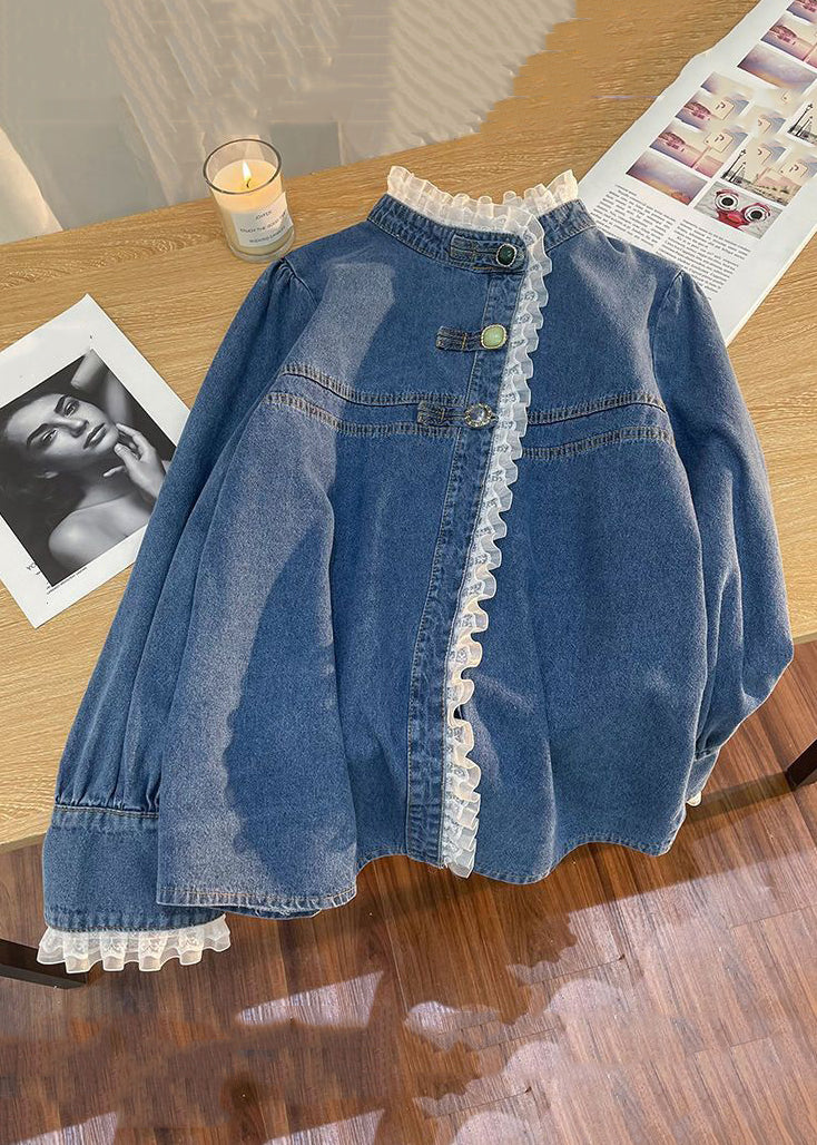 New Blue Button Lace Patchwork Denim Top Long Sleeve