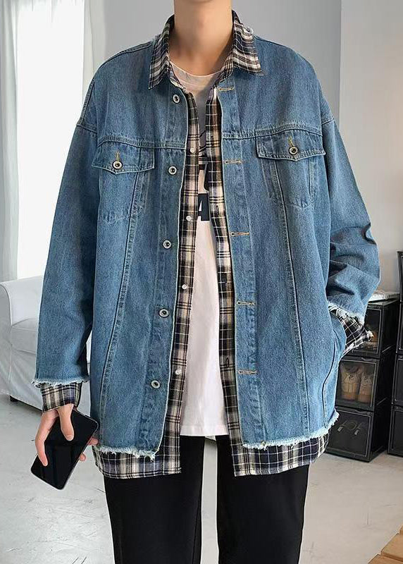 New Blue Button Patchwork False Two Pieces Denim Mens Coats Fall