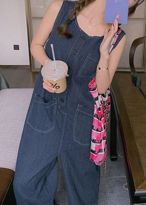 New Blue Button Pockets Denim Jumpsuit Sleeveless