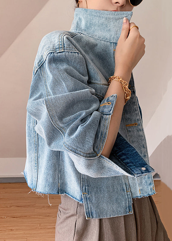 New Blue Button Pockets Patchwork Denim Coats Spring