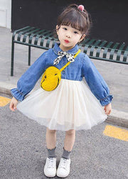 New Blue Button Tulle Patchwork Girls Dress Flare Sleeve