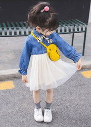 New Blue Button Tulle Patchwork Girls Dress Flare Sleeve