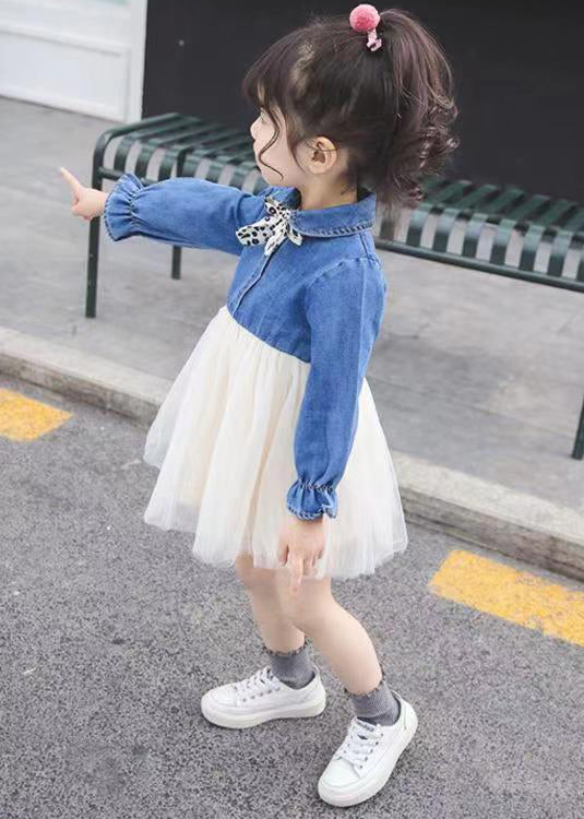 New Blue Button Tulle Patchwork Girls Dress Flare Sleeve