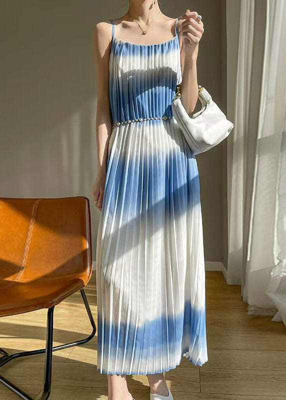 New Blue Cold Shoulder Wrinkled Cotton Long Dress Summer