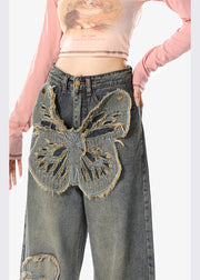 New Blue Detachable Butterfly Patch Denim Straight Leg Pants Spring