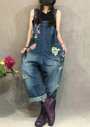 New Blue Embroidered Pockets Denim Jumpsuit Summer