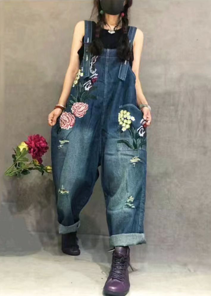 New Blue Embroidered Pockets Denim Jumpsuit Summer