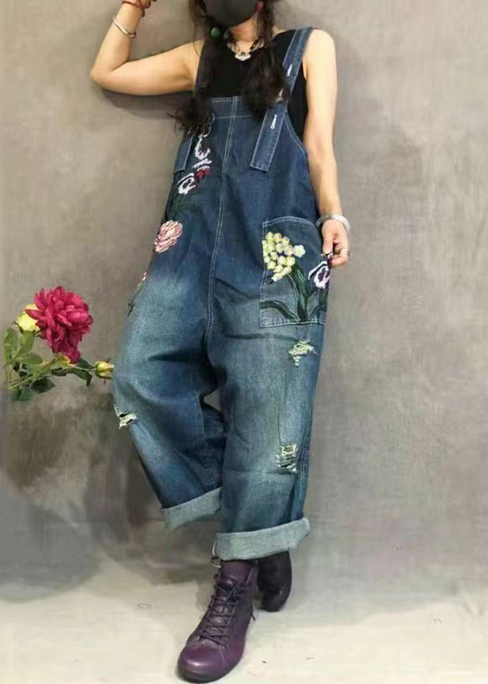 New Blue Embroidered Pockets Denim Jumpsuit Summer