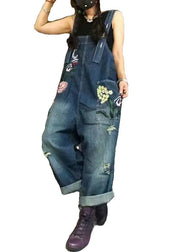 New Blue Embroidered Pockets Denim Jumpsuit Summer