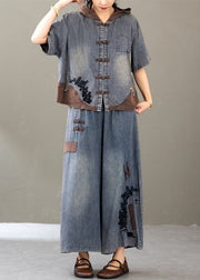 New Blue Embroidered Tops And Wide Leg Pants Two Pieces Set Summer