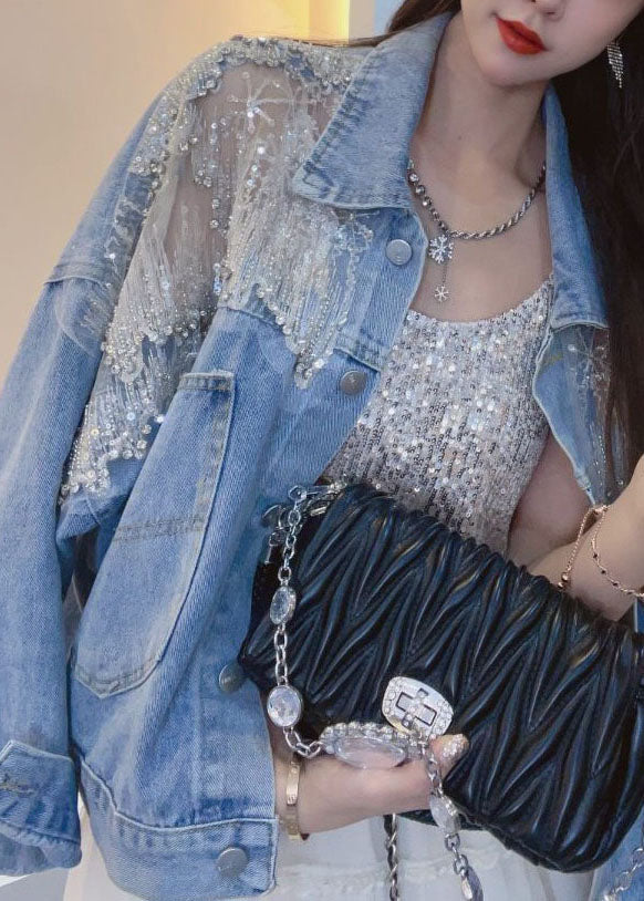 New Blue Embroideried Zircon Patchwork Denim Coats Summer