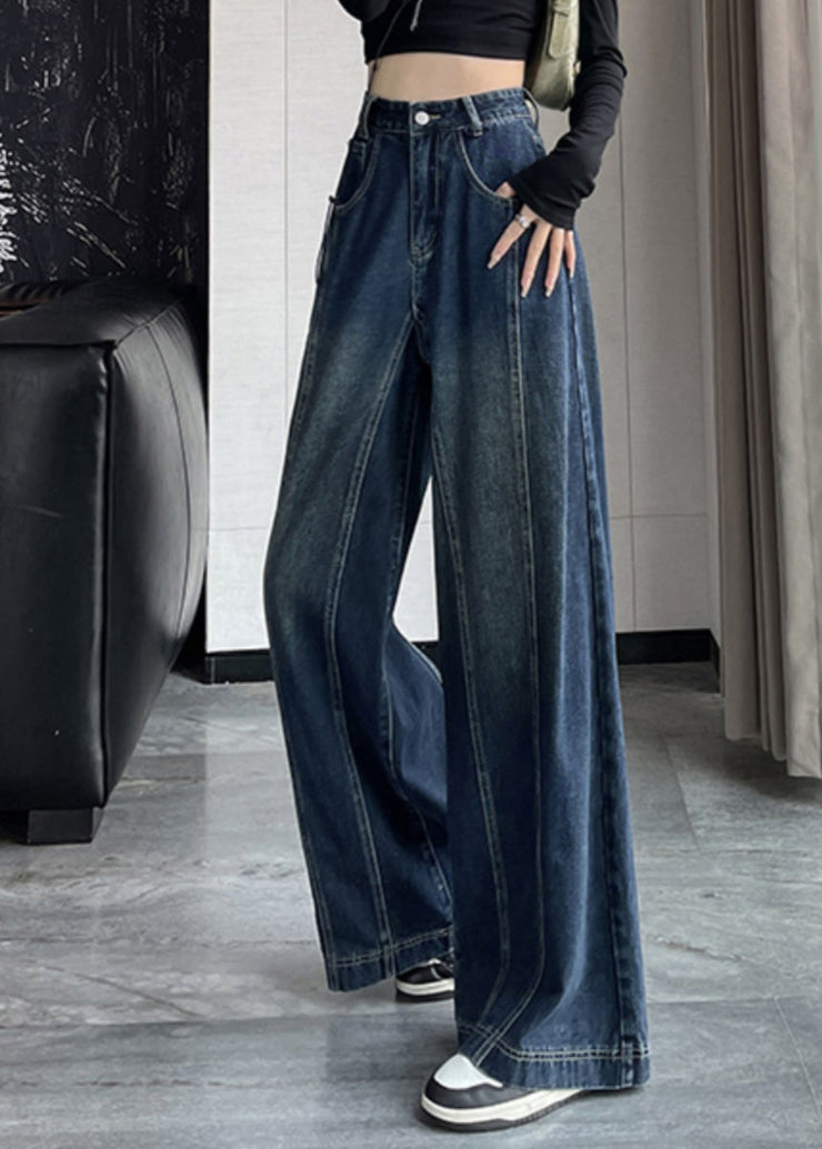 New Blue High Waist Patchwork Denim Wide Leg Pants Spring