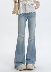 New Blue High Waist Tasseled Ripped Jeans Summer