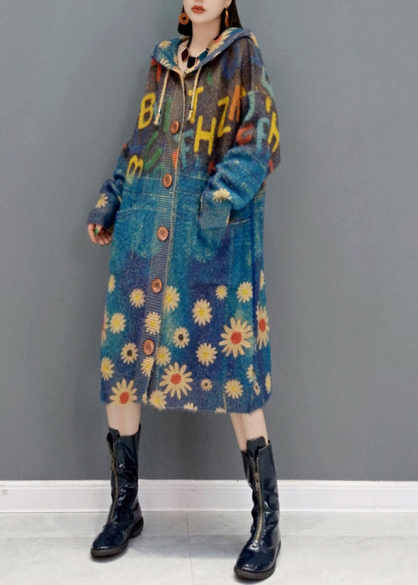 New Blue Hooded Pockets Print Knit Sweater Coat Winter