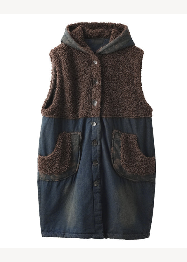 New Blue Hooded Teddy Patchwork Fine Cotton Filled Denim Vest Fall