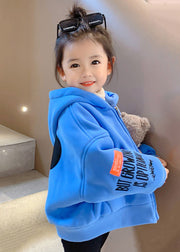 New Blue Hooded Zippered Graphic Cotton Baby Girls Coat Spring