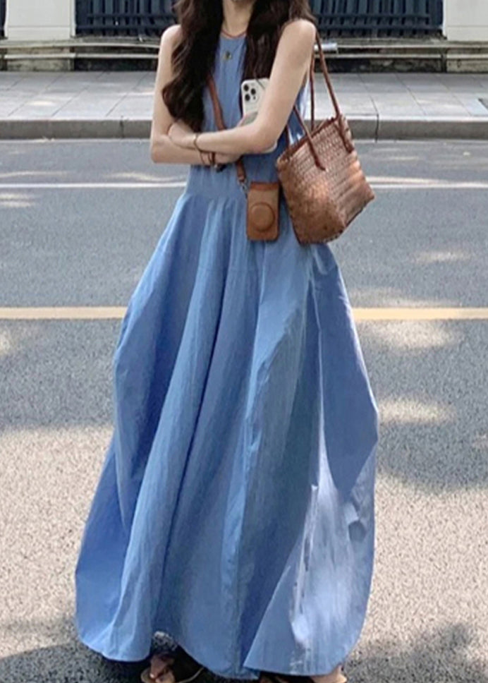 New Blue O Neck Pockets Solid Cotton Long Dress Sleeveless