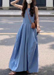 New Blue O Neck Pockets Solid Cotton Long Dress Sleeveless